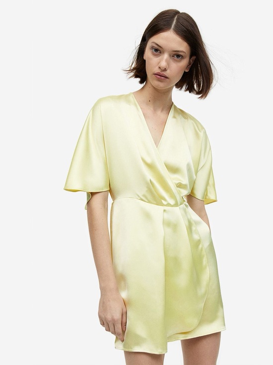 H&M Dresses & Skirts - H&M lime green satin wrap-front mini dress size medium